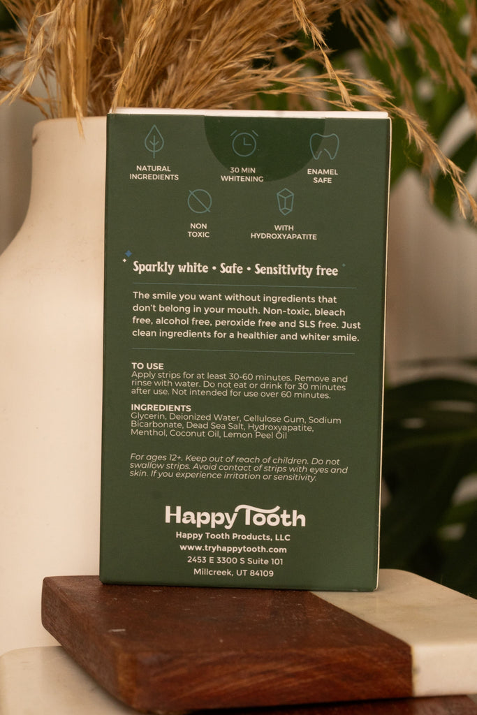 Back side of Happy Tooth Whitening Strips box