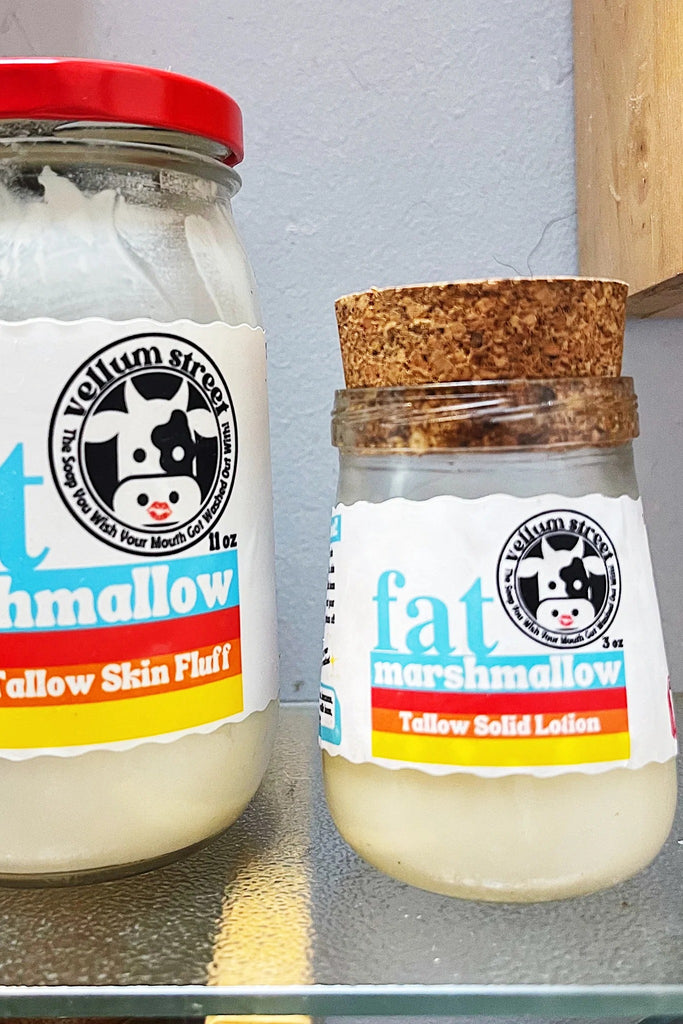Vellum Street Fat Marshmallow Skin Fluff jar and Solid Lotion jar