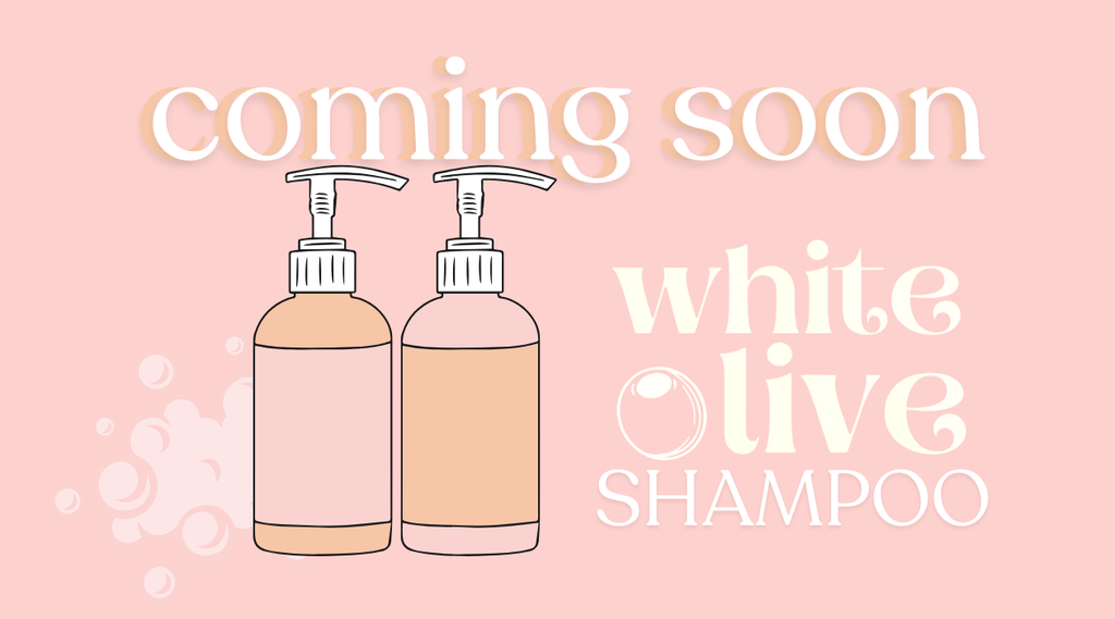 Promotional graphic for 'coming soon' white olive shampoo with two bottles on a pink background.